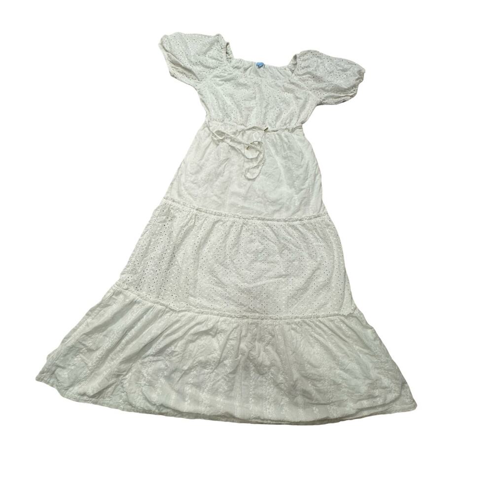 Draper James RSVP Small Womens White Floral Eyelet Puff Sleeve Tie Waist Dress